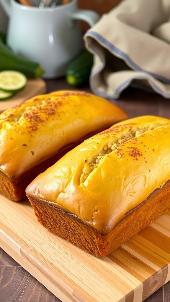 Two loaves of golden brown zucchini bread on a wooden board, garnished with zucchini slices.